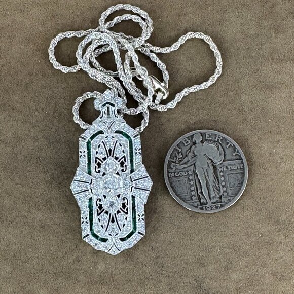 Roaring 20's Art Deco Reto Sterling Silver Lab Created Diamond & Emerald Pendant - Picture 6 of 13